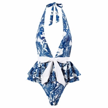 RKSTN Womens Swimsuit Vintage Print Lace-up One-piece Swimsuit Bikini V Neck Comfortable Bathing Suits