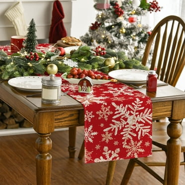 EGNMCR Merry Christmas Cotton Linen Table Runner Dresser Scarves Winter Snow Xmas Tree Snowman Snowflake Table Runners For Dinning Table Kitchen Decor Holiday Dinner Tables runner