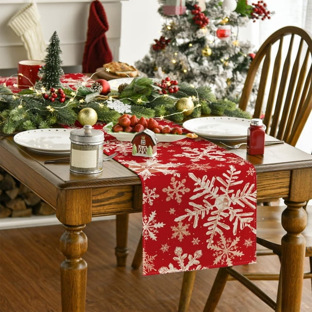 Vaidha Merry Christmas Cotton Linen Table Runner Dresser Scarves Winter Snow Xmas Tree Snowman Snowflake Table Runners For Dinning Table Kitchen Decor Holiday Dinner