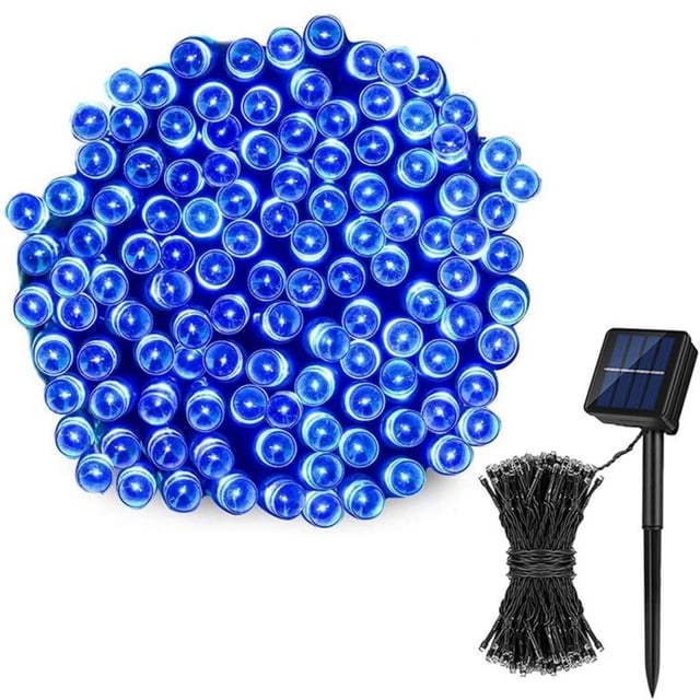 RKSTN Fall Decorations for Home Solar String Lights Outdoor, featuring 72 feet of 200 blue LED lights powered by a solar panel. The lights offer 8 lighting modes, including combination, fireflies flash, waves, fade, and steady on. Designed for outdoor use, these waterproof string lights are ideal for decorating gardens, patios, parties, and weddings. The set includes a solar panel with a ground stake for easy installation.
