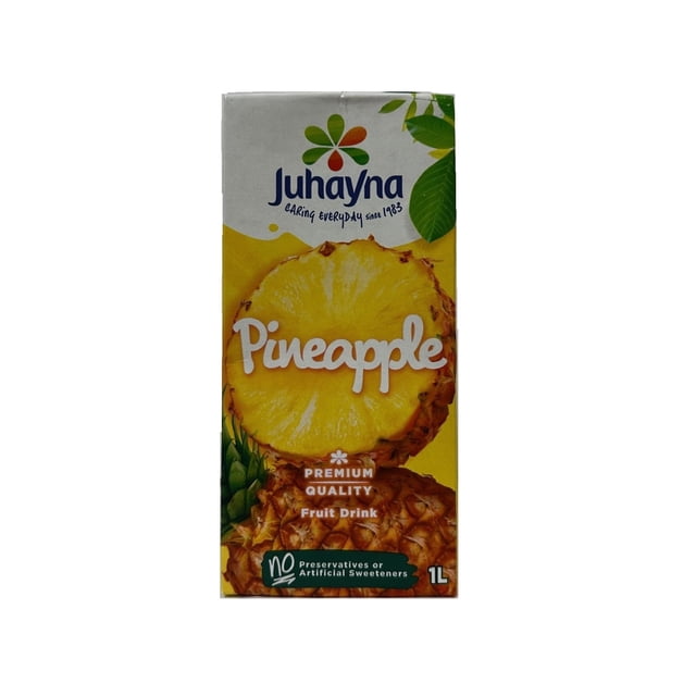 Juhayna Jus d'Ananas Classics carton de 1 L Montrant une Grande Tranche d'Ananas et un Ananas Entier, Boisson Fruitée de Qualité Supérieure Étiquetée Riche en Vitamine C Sans Agents de Conservation Ni Édulcorants Artificiels, Idéale pour des occasions de Jus Rafraîchissant.