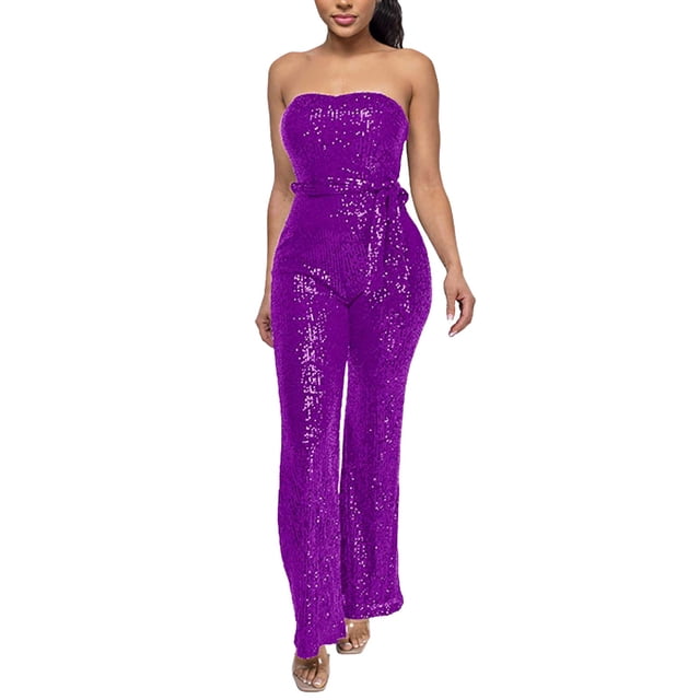 Wdgfv Robe à Paillettes pour Femmes Sans Manches, Combinaison Sans Bretelles à Paillettes pour Soirée, Violet P