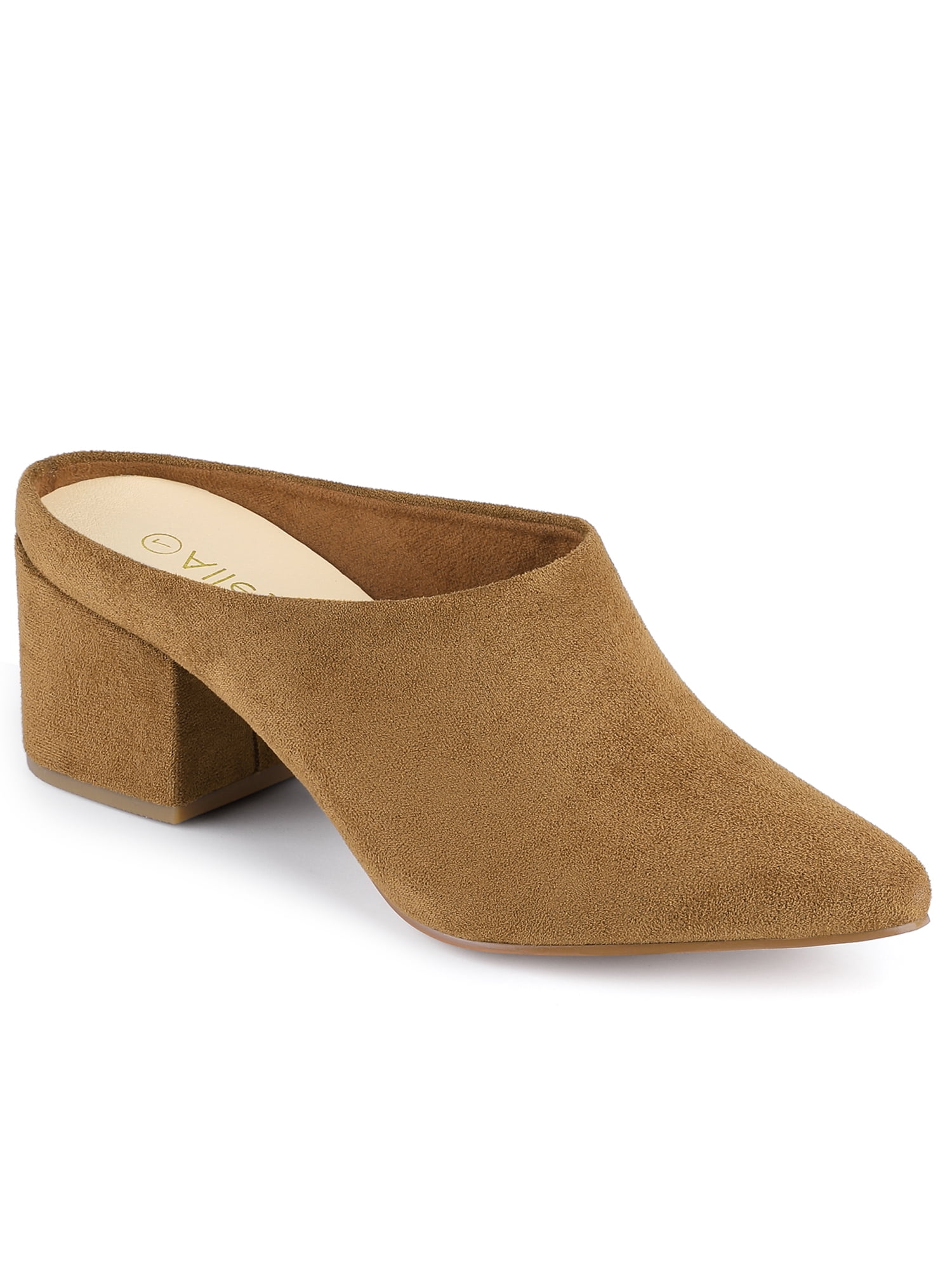 BLISSFUL STEP Sandales à Talons Hauts Blocs pour Femmes, Mules à Enfiler à Bout Pointu, Brun 5,5