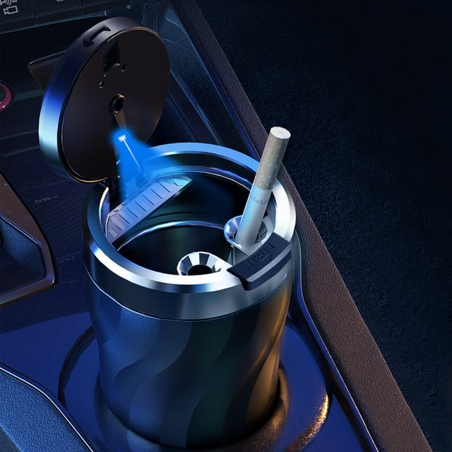 COFEST LED Light Press Open Cover Car Ashtray with Separable Design, Holds 60-80 Cigarettes, Smoke Locking, and Automatic Lighting Black