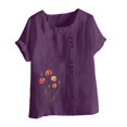 thumbnail image 4 of QATAINLAV T-Shirts pour Femmes d'Été en Coton et Lin à Boutons à Col Rond Chemise Mode Bohème à Imprimé Floral Hauts de Plage Décontractés Grande Taille Blouses à Manches Courtes Ventes du Jour d'Aujourd'hui Violet TG, 4 of 5