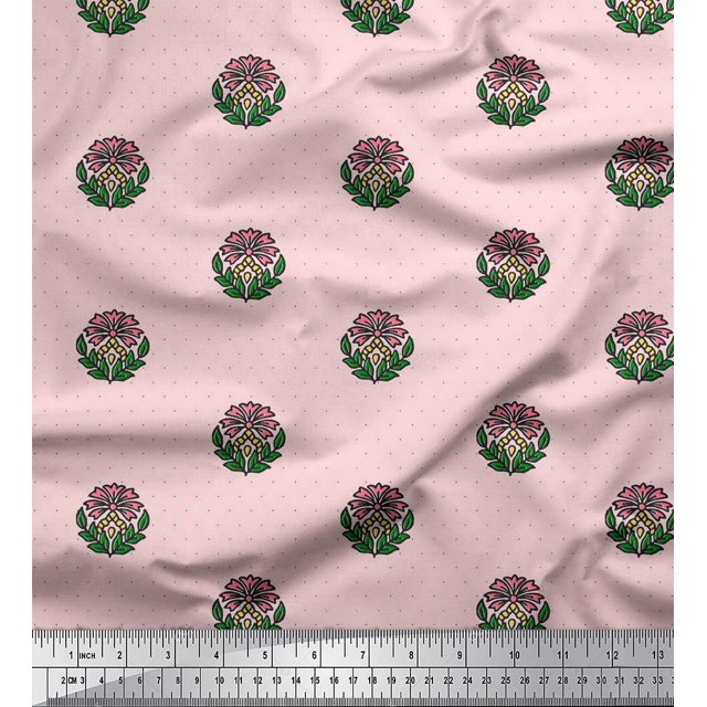 Soimoi Poly Georgette Fabric Dot,Leaves & Floral Block Printed Craft Fabric by The Yard 52 Inch Wide