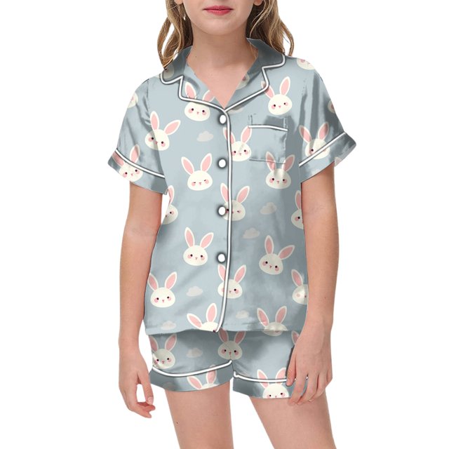 Pyjama Imprimé pour Filles, Manches Courtes, Haut à Boutons et Shorts, Ensemble de Pyjama pour la Maison