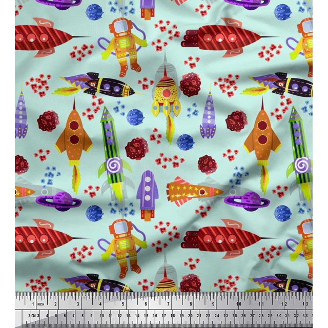 Soimoi Poly Georgette Fabric Rocket,Planet & Astronaut Cartoon Print Sewing Fabric Yard 52 Inch Wide