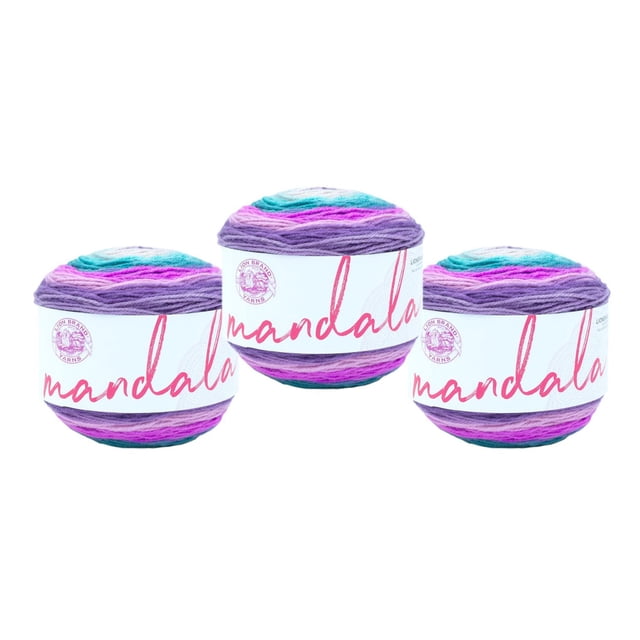 Lion Brand Yarn Mandala Multicolor Light DK Acrylic 3 Pack Yarn showing three round skeins with gradient colors of purple, teal, and pink, each wrapped in a white label with pink 'mandala' text and Lion Brand logo, suitable for crocheting scarves, shawls, or hats.