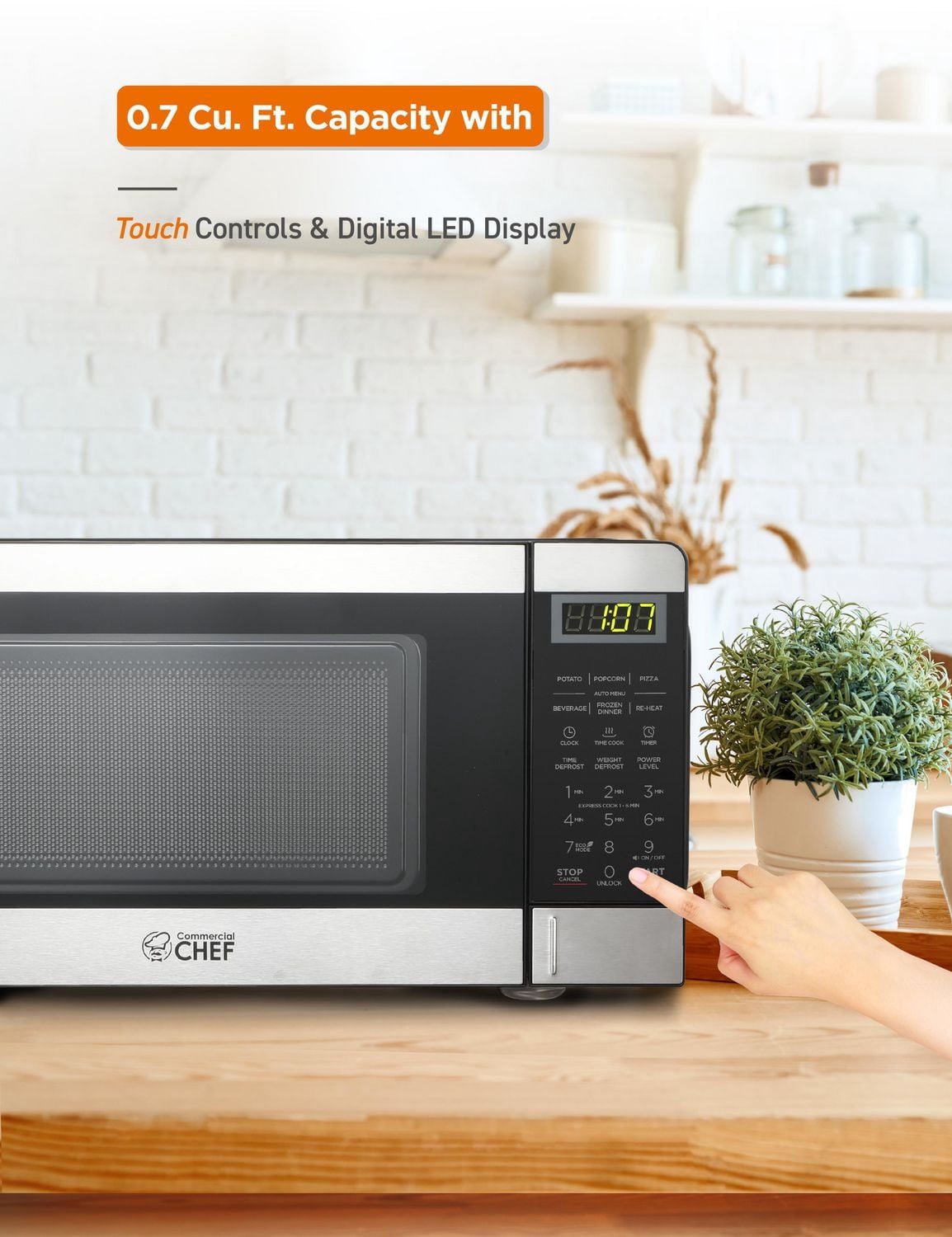 COMMERCIAL CHEF Micro-ondes de 0,7 pied cube avec 10 niveaux de puissance, petit micro-ondes avec bouton poussoir, micro-ondes de comptoir 700 W jusqu'à 99 minutes, minuterie et affichage numérique, a