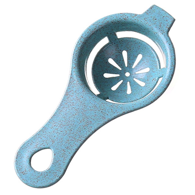 LEUTSIN Tool Yolk White Separator, a blue plastic egg divider designed for separating egg whites and yolks. Made of food-grade resin, it features a hollow-out slotted bowl and a hook for hanging storage. Lightweight and washable, this kitchen gadget is ideal for baking tasks like muffins, cakes, meringues, and mousse.