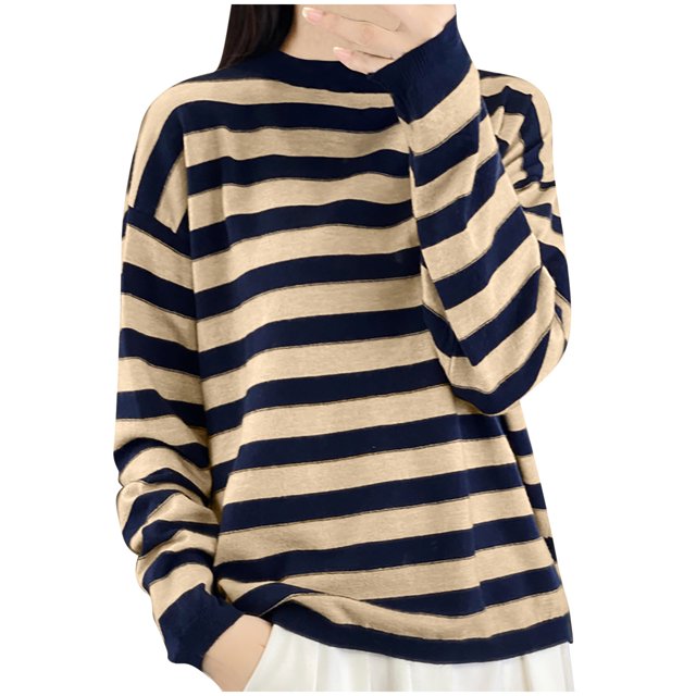 Yuyuzo Womens Sweaters Long Sleeve Crewneck Pullover Tops Striped Colorblock Knitted Oversized Sweatrshirts