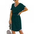 thumbnail image 3 of Women Mini Dress High Waist Short Sleeve Basic Flowy Dress Loose Fit V Neck Solid Color Belted Party Dress, 3 of 9