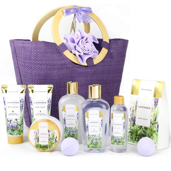 Spa Luxetique Ensembles-Cadeaux de Bain pour Femmes Lavande Paniers de Soins du Corps - 10 Pcs Cadeaux Relaxants de Vacances et d'Anniversaire pour Elle