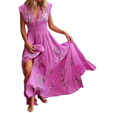 LUXUR Robe Évasée pour Femme Été Plage Longue Taille Fine Tunique Col en V Nœud Fleuri Robe d'Été Boho Robes Sans Manches Fluide Rose Rouge TG