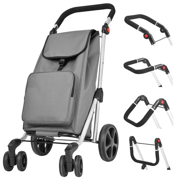 LEUYA ABC Grocery Trolley, 6 Wheel Shopping Trolley, 46L Aluminium Shopping Cart with Insulated Cooling Bag, Adjustable Handle, Folding Shopping Trolley (Grey)