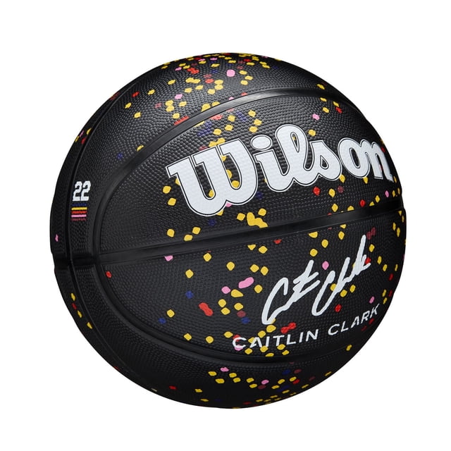 Caitlin Clark Basketball by Wilson, a black basketball with multicolored speckled dots representing Caitlin's shooting chart from high school to pro. It has deep channels for enhanced grip, white Wilson branding, Caitlin Clark's signature, and the number 22 with team color stripes.