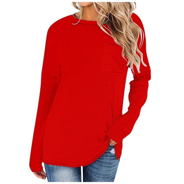 Yuyuzo Long Sleeve Shirts for Women Crew Neck Casual Basic Tees Soft Loose Solid Color Fall Tops