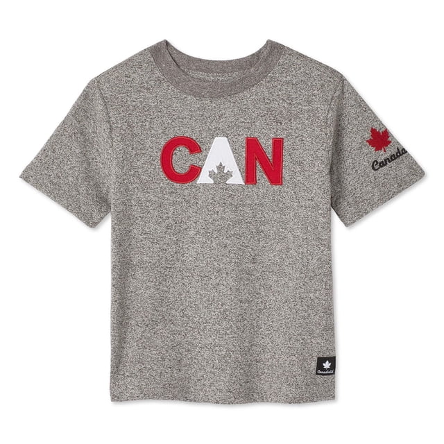 Canadiana Toddlers' Gender Inclusive Graphic Tee in grey jersey knit with crew neckline and short sleeves, featuring red and white 'CAN' letters with a maple leaf on the front, a red maple leaf and 'Canada' text on the sleeve, and a black logo tag at the straight hem.