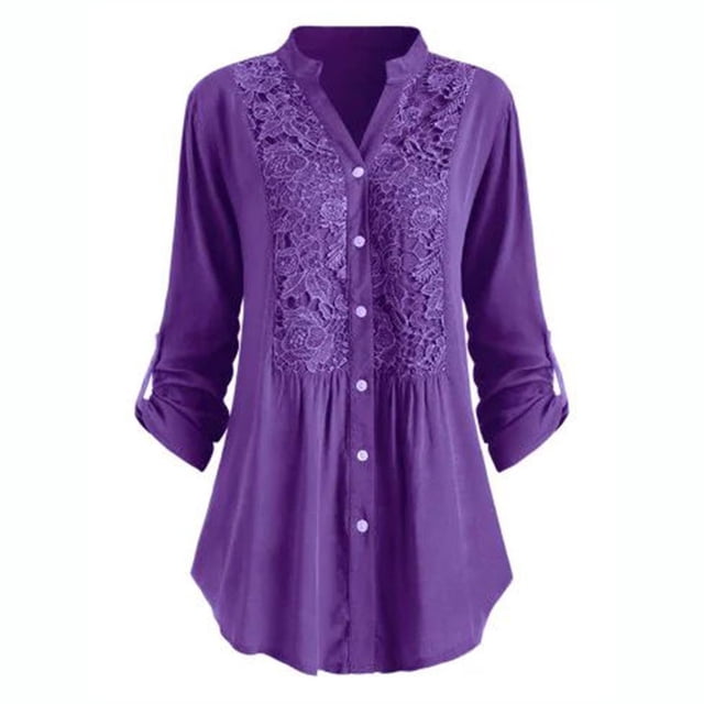 Womens Plus Size Clearance Women Ladies Large Size Button Lace V Neck Long Sleeve Shirt Blous