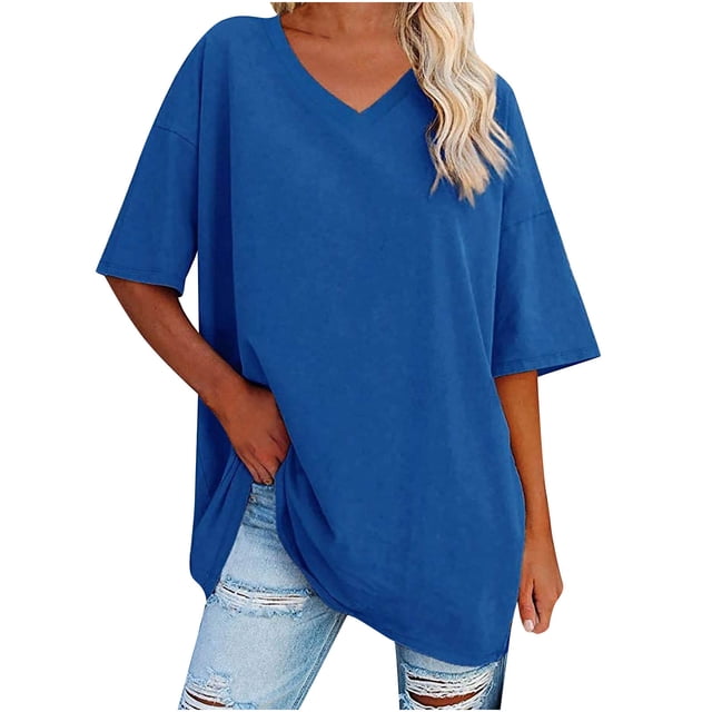 Plebaso T-Shirts Surdimensionnés pour Femmes à Col en V à Manches Mi-Longues T-Shirts Décontractés Unis Confort Hauts Amples pour Femmes