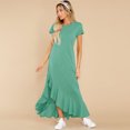 thumbnail image 1 of New Women's Crewneck Short Sleeve Ruffles Decor Asymmetrical Long Dress New Solid Color Casual Loose Robe Holiday Maxi Vestidos, 1 of 2