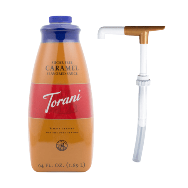 Torani Sugar-Free Caramel Flavoring Sauce 64 fl. oz. with bonus squeeze pump. The bottle features a caramel-colored body with a red label displaying the Torani logo and product details. The included pump is designed for precise and mess-free dispensing, making it ideal for adding caramel flavor to coffee, desserts, and other treats.