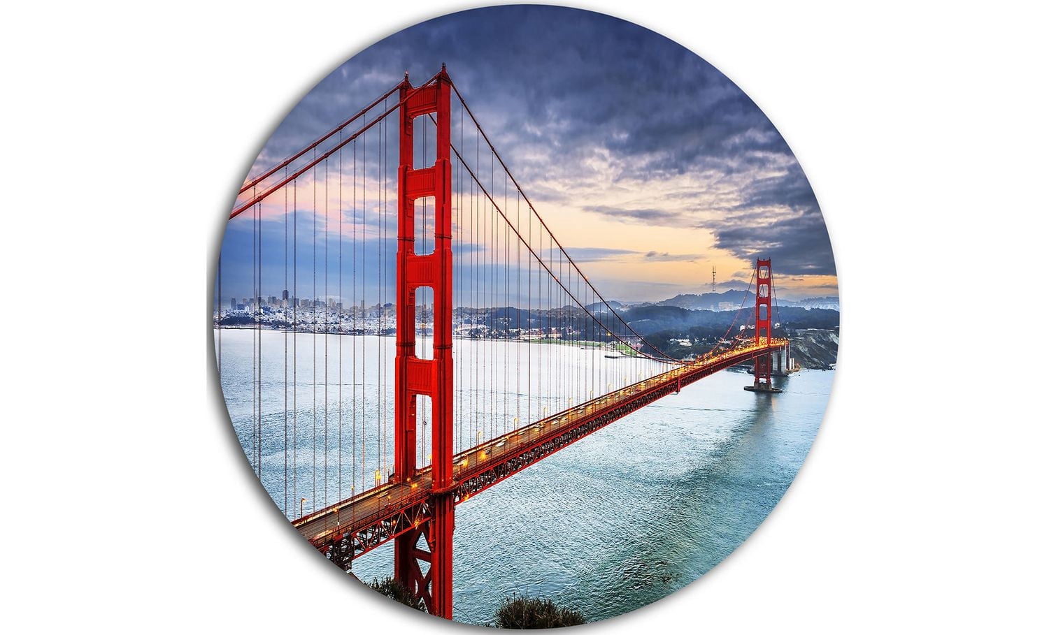 Art mural en métal Design Art Golden Gate sous le ciel nuageux ultra brillant en cercle