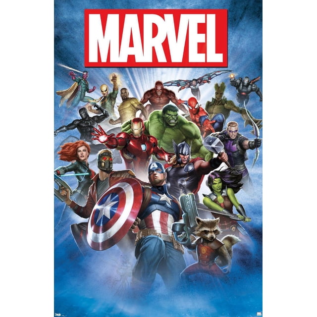 Marvel Comics - Affiche Murale Photo de Groupe, 22,375 Pouces x 34 Pouces, Présente une Impression Brillante et Haute Résolution de Superhéros Marvel Incluant Captain America avec Bouclier, Iron Man, Hulk, Thor avec Marteau, Black Widow, Star-Lord, Rocket Raton Laveur, Groot, Spider-Man et Hawkeye Posés Dynamiquement sur un Fond Bleu Radieux sous le logo Marvel Rouge et Blanc, Idéal pour Décorer des Chambres, des Bureaux, des Résidences Étudiantes Ou des Espaces de Fête.