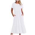 thumbnail image 1 of Penkiiy Robe Maxi Évasée d'Été Décontractée pour Femme à Manches Courtes et Col Ras du Cou, Fluide, Asymétrique, à Étages, Robe de Plage avec Poches 2TG Blanc, 1 of 8