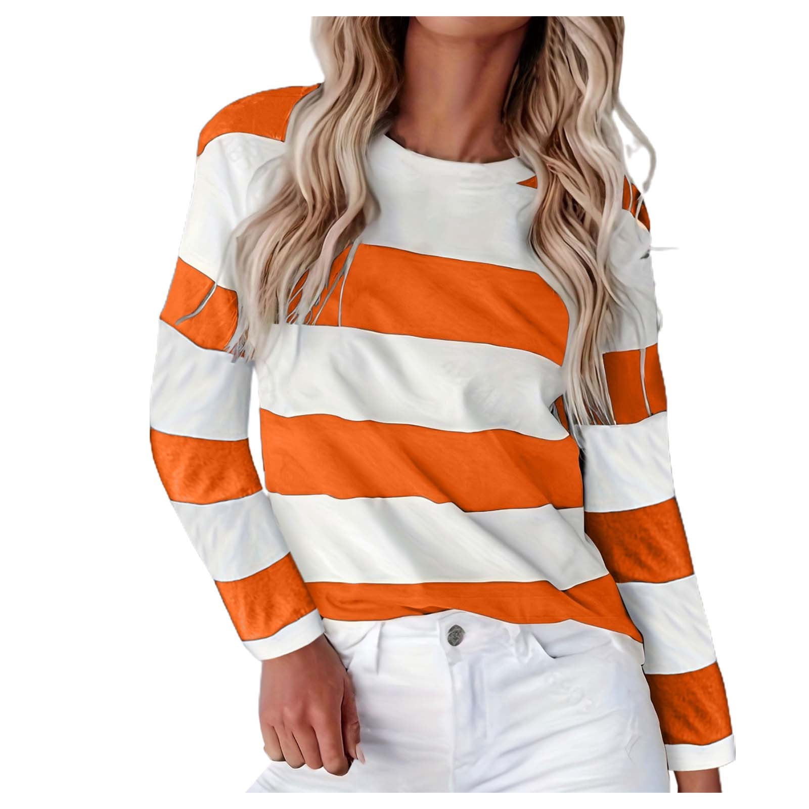 WEIYLL T-Shirts Chemises pour Femmes Manches Longues Rayé Col Rond à Blocs de Couleur Hauts Orange Tailles P