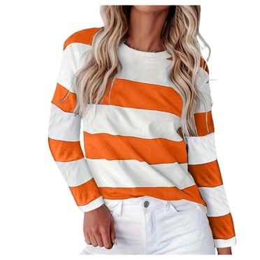 Aocisk T-Shirt Blouse à Manches Longues à Blocs de Couleur à Imprimé Floral à Col Rond pour Femme Haut Confortable Coupe Ample pour un Usage Quotidien et Décontracté Orange P