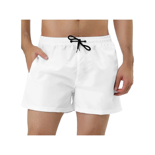 INSPIRE CHIC Men's Shorts Drawstring Waist Mesh Lining Board Beach Swimwear in size 32 and white color. These swim shorts are made of 100% polyester, featuring a lightweight, quick-drying fabric with a smooth texture. The design includes an adjustable drawstring waist, inner mesh lining for comfort, and an above-knee length. Ideal for beach trips, surfing, pool days, or casual outings.