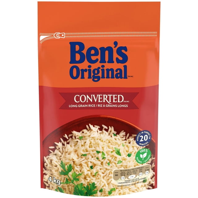 Ben's Original™ Converted Rice, 4kg centered, front-facing bag of parboiled converted long-grain rice labeled ready in 20 minutes and 100% Natural with visible Ben's Original branding; suitable for meal-prep bowls, pilafs or pairing with vegetables and protein for everyday meals.