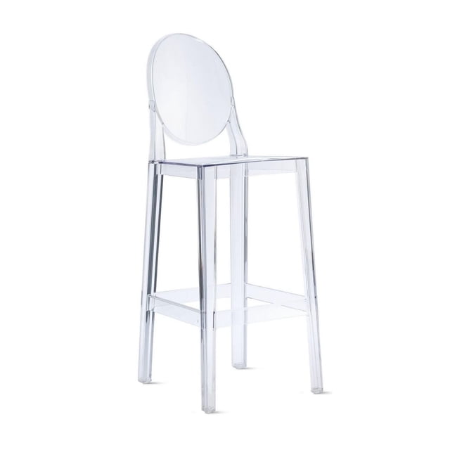 Heavenly Collection Clear Plastic Counter Stool with a contoured clear polycarbonate molded seat and backrest, sturdy frame, integrated footrest, and stackable design. Impact, scratch, and weather resistant, ideal for indoor and outdoor kitchen and dining seating.