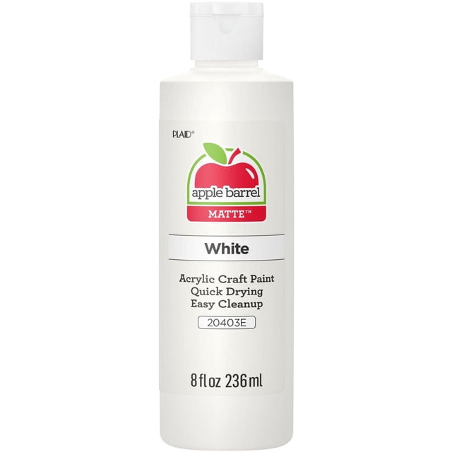 Apple Barrel Colors Matte Acrylic Craft Paint, 8 fl. oz., White in a white plastic bottle with flip-top cap, featuring the Apple Barrel red apple logo, labeled quick drying and easy cleanup, suitable for basecoating, stenciling, and crafting on wood, paper, canvas, and more.