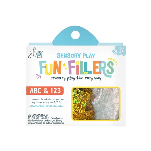 Glo Pals Fun Fillers sensory play toy for children, themed ABC and 123. The packaging features colourful text and a clear window displaying glittery sensory accessories. Designed for ages 3 and up, these reusable pieces enhance sensory play and pair with the Glo Pals Sensory Play Jar or any sensory bin.