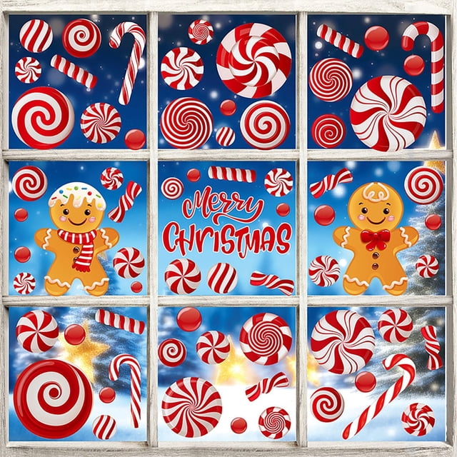 Christmas Window Clings Double-Side Static Decals - Cute Gingerbread Man, Colorful Candy, White Snowflakes Anti-Collision Stickers for Glass Windows & Doors (Gingerbread Candy)