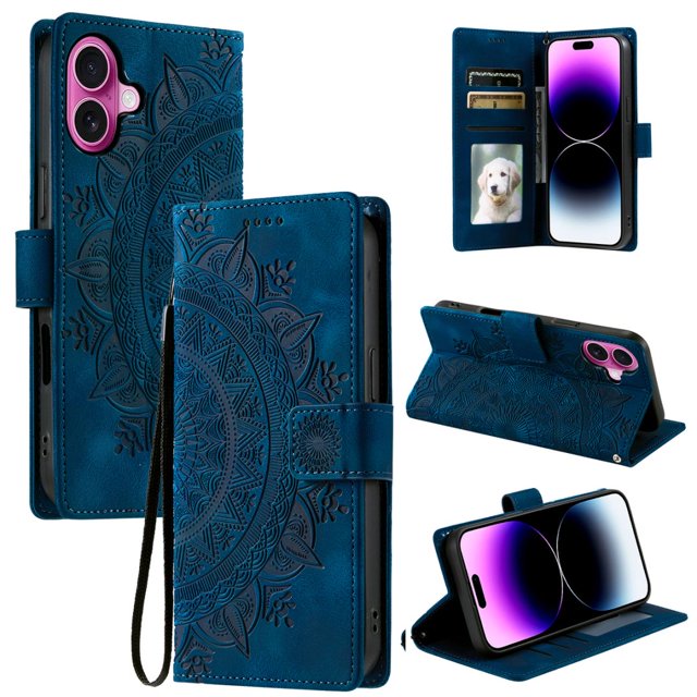 Flip Case for iPhone 16 Plus, Totem Embossed Flowers Premium PU Leather Wallet Folio Cover with Card Holder Kickstand Compatible with iPhone 16 Plus - Blue