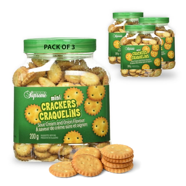 Club Supreme Mini Crackers Sour Cream & Onion, 200G (Case Pack of 3). The image shows three jars of golden, crispy mini crackers with a sour cream and onion flavour. Each jar is labeled with a green design and contains 200 grams of crackers. The jars are sealed with green lids, and the text 'Pack of 3' is visible on the packaging. A few crackers are displayed outside the jar to highlight their round shape and golden texture.