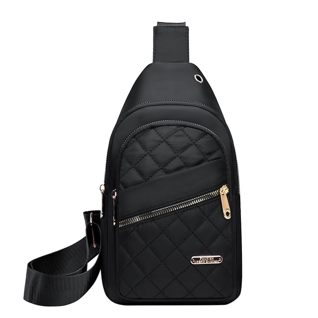 B-57 Black Women's Messenger Bag Chest Carry Multifunctional #MJVHi. A sleek black messenger bag made from waterproof polyester fabric, featuring a quilted front design, gold-tone zipper accents, and a sturdy adjustable shoulder strap. Includes a built-in headphone port for convenience and multiple compartments for organizing essentials like a phone, keys, and wallet. Compact and stylish, suitable for daily use or outdoor adventures.