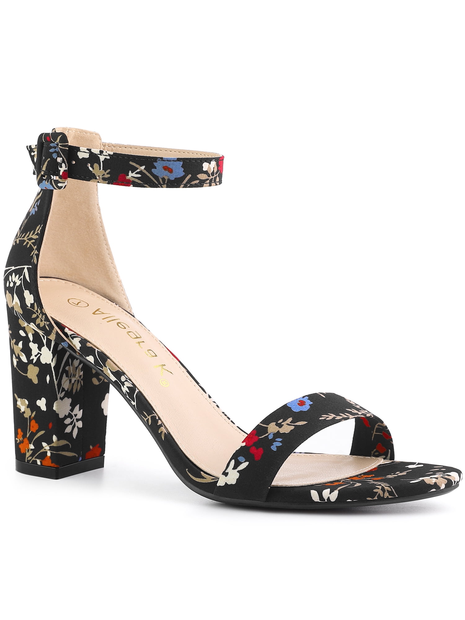 BLISSFUL STEP Women's Shoes Solid Color Open Toe Block High Heels Summer Sandals Black Flower 6