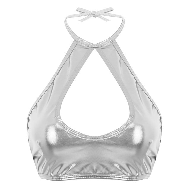 RUNQHUI Women's Shiny Metallic Keyhole Crop Top Halter Backless Rave Bandeau Vest Bra Clubwear Silver One Size