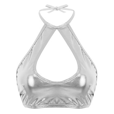 RUNQHUI Haut Court à Goutte Métallique Brillant pour Femme, Dos Nu à Col Licou, Bandeau Rave, Brassière, Tenue de Boîte de Nuit, Argent, Taille Unique