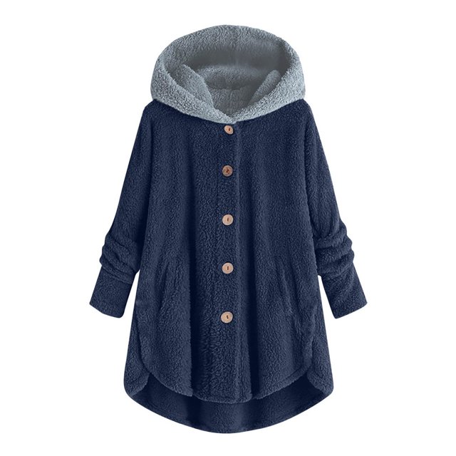 Womens Cardigan Plus Size Button Plush Tops Hooded Loose Cardigan Wool Coat Winter Jacket Navy Xl