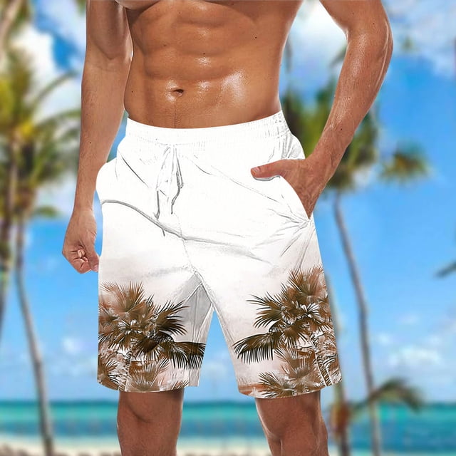 RKSTN Swim Shorts for Mens Coconut Tree Print Extra Plus Size Color Blocking Elastic Waist Drawstring Casual Versatile Beach Vacation Surf Shorts with Pockets