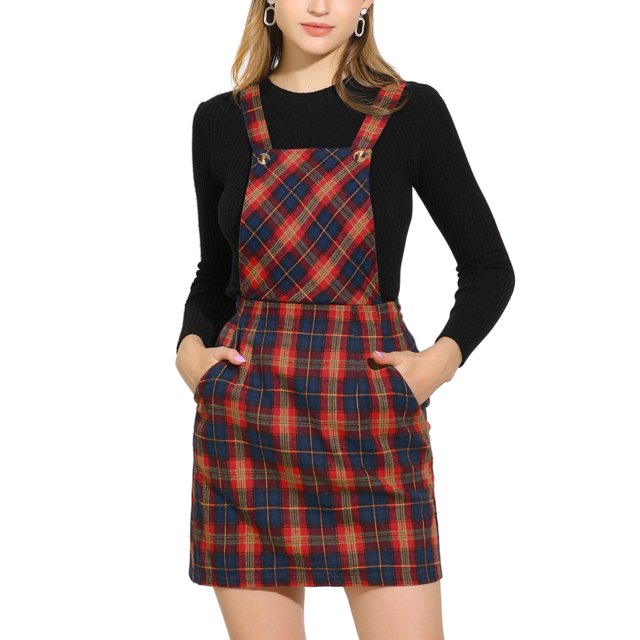 INSPIRE CHIC Robe à Bretelles Décontractée pour Femme à Imprimé à Carreaux à Bretelles Ajustables m Rouge