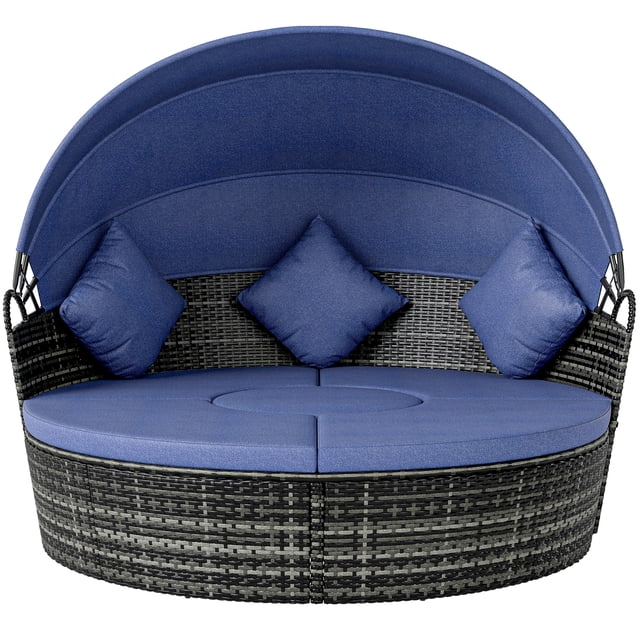 Outsunny Chaise Longue de Patio avec Canapé-Lit Rond Coussiné 4 Pcs, Vue Groupée Bleue Orientée vers l'Avant d'Un Ensemble Modulaire de Canapé de Patio Rond en Quatre Pièces avec Cadre en Rotin PE Gris et Coussins Bleu Foncé avec Housses Lavables, Auvent Rétractable Étendu sur un segment; Cadre en Métal et Pieds Réglables Antidérapants Visibles, table Ronde Basse entre sections sur une Terrasse Arrière Éclairée comme Siège de Patio et Lit de Jour Modulaire (68.9 Pouces x 70.9 Pouces / 175 x 180 cm).