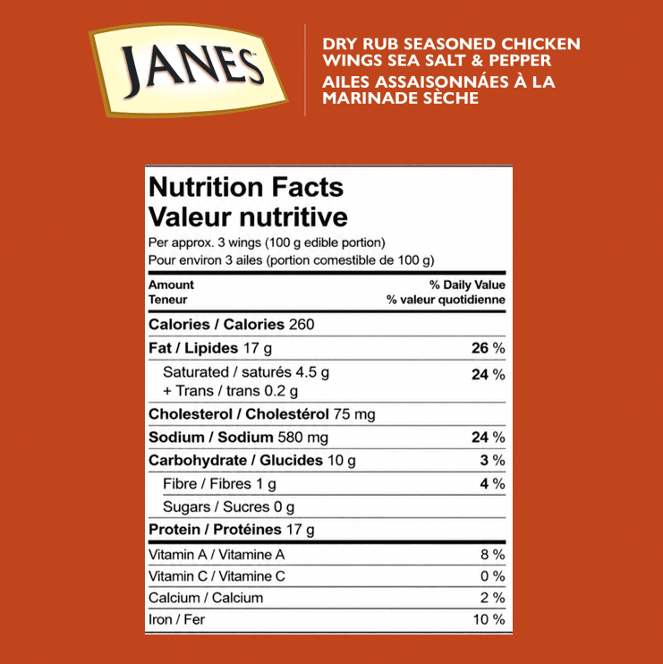 Ailes de poulet ultimes Janes® assaisonnées à la marinade sèche sel de mer et poivre, 754 g, ailes de poulet congelées. Contient : Viande blanche. Janes® Ultimates Ailes de poulet assaisonnées à sec au sel de mer et au poivre