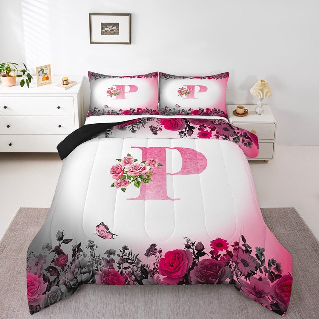 Erosebridal Ensembles de Literie Initiale Florale Double avec Couette, Insert de Couette Fleur Papillon, Déco de Chambre Ado, Réversible, 3 Pcs